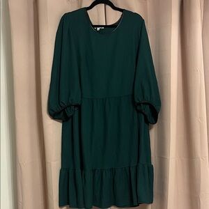 Sandra Darren Dark Green Midi Dress with Puff Sleeves